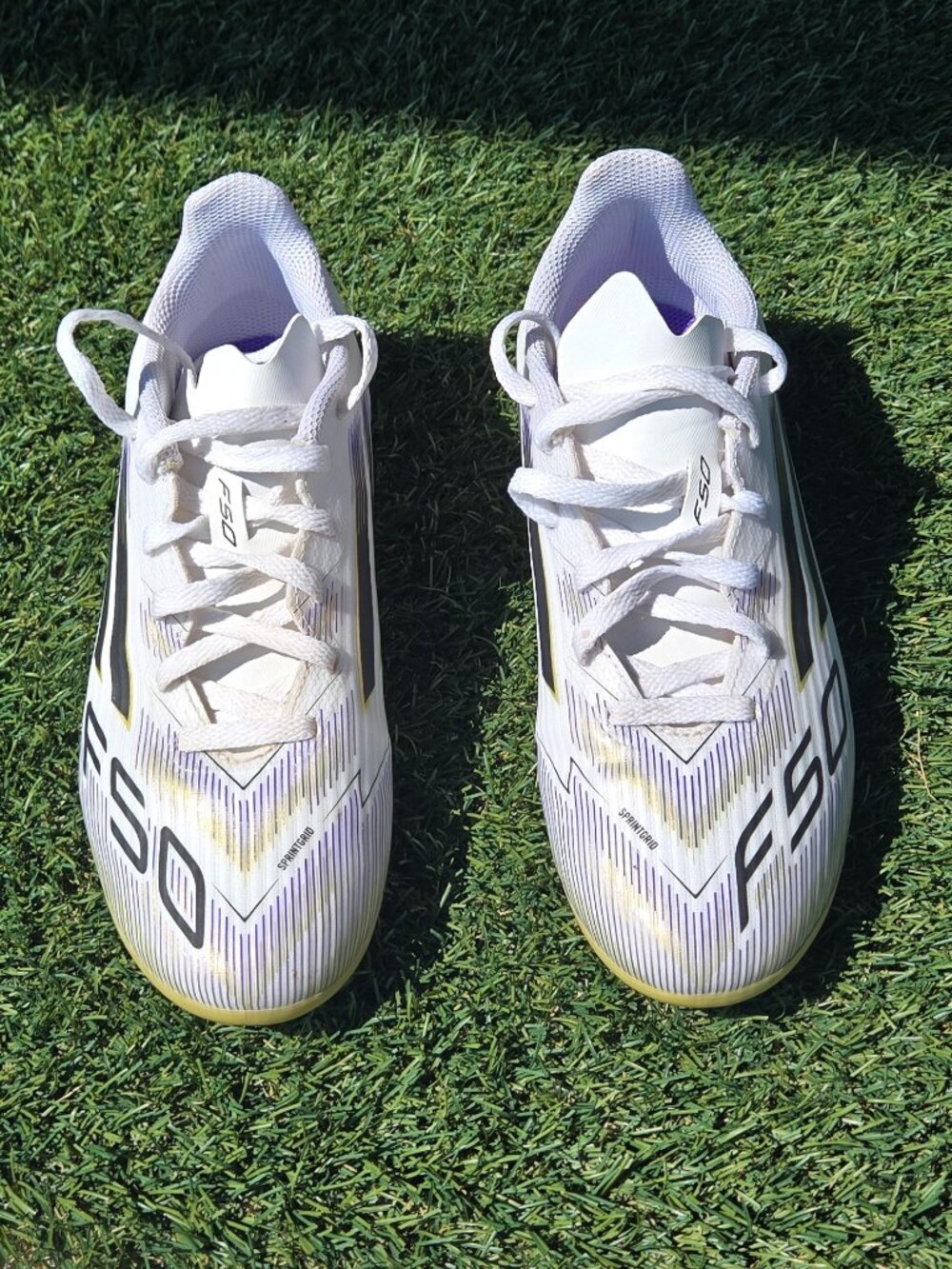 Adidas F50 League Youth Soccer Cleats -  White Black Gold & Purple - Size 3 1/2